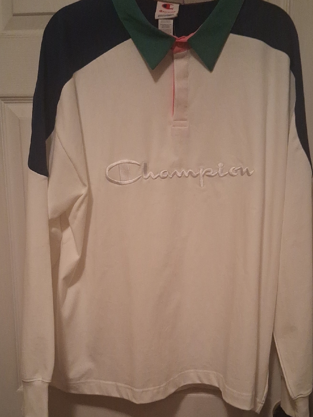 Champion Cream Long-Sleeve Rugby Shirt with Green Collar and Navy Shoulders Xl